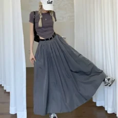 Pleated Long Skirts Women Loose Preppy Style Solid Simple A-line Popular High Waist Streetwear Korean New Autumn All-match Chic - Image 2