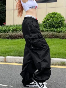 Y2K Parachute Black Pants Women Hippie Streetwear Oversize Pockets Cargo Trousers Harajuku Wide Leg Baggy Sweatpants - Image 2