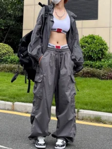 Y2K Parachute Black Pants Women Hippie Streetwear Oversize Pockets Cargo Trousers Harajuku Wide Leg Baggy Sweatpants - Image 3