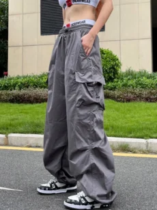 Y2K Parachute Black Pants Women Hippie Streetwear Oversize Pockets Cargo Trousers Harajuku Wide Leg Baggy Sweatpants - Image 4