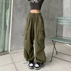 Y2K Parachute Black Pants Women Hippie Streetwear Oversize Pockets Cargo Trousers Harajuku Wide Leg Baggy Sweatpants - Image 5