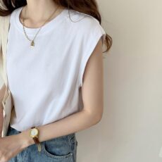 White sleeveless T-shirt for women, loose fit, summer black vest, T-shirt - Image 5