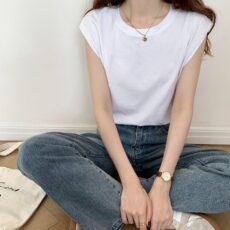 White sleeveless T-shirt for women, loose fit, summer black vest, T-shirt - Image 2