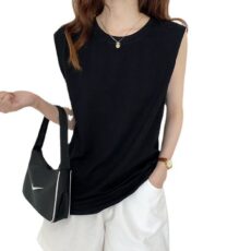 White sleeveless T-shirt for women, loose fit, summer black vest, T-shirt - Image 4