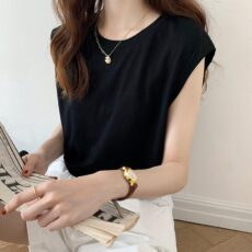 White sleeveless T-shirt for women, loose fit, summer black vest, T-shirt - Image 3