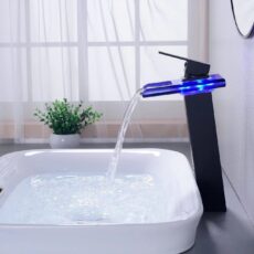 Add high platform basin glass waterfall faucet LED color changing temperature sensing light brushed gold square inclined surface - Image 2