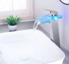 Add high platform basin glass waterfall faucet LED color changing temperature sensing light brushed gold square inclined surface - Image 4