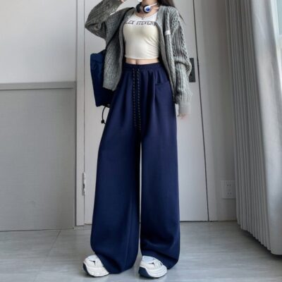 Navy blue wide-leg pants women spring and autumn new high waist hanging feeling slim loose straight sports pants casual sports pants