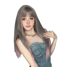 Wig Female Full Headset Grey Gradient Pink with bangs Medium length Straight Wig - Image 5