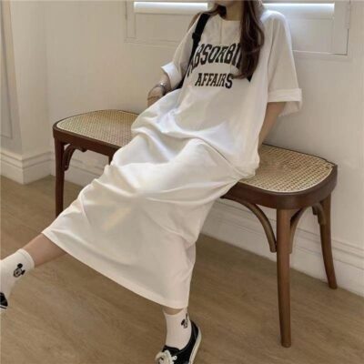 Summer Korean plus size women's casual long dress, fat mm loose knee high T-shirt, long skirt, women's nightgown