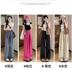 Ice silk wide leg pants for women in summer, thin, high waisted, hanging straight leg, pleated cotton and linen casual pants, cool and lazy Yamamoto pants - Image 2