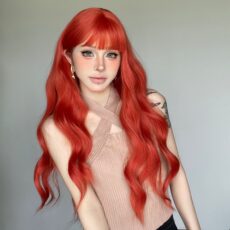 Wig women's full head set orange red bangs long hair big wave curly hair - Image 2