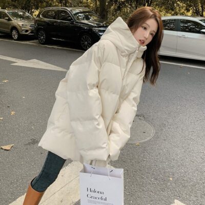 Off-white down jacket for women, mid-length winter Korean style loose small thickened workwear cotton coat for women