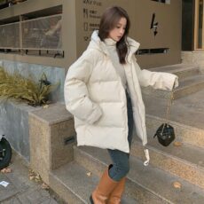 Off-white down jacket for women, mid-length winter Korean style loose small thickened workwear cotton coat for women - Image 2