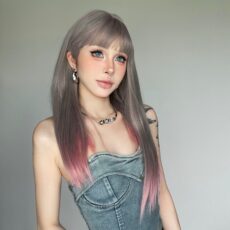 Wig Female Full Headset Grey Gradient Pink with bangs Medium length Straight Wig - Image 3