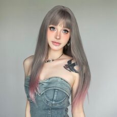 Wig Female Full Headset Grey Gradient Pink with bangs Medium length Straight Wig - Image 2