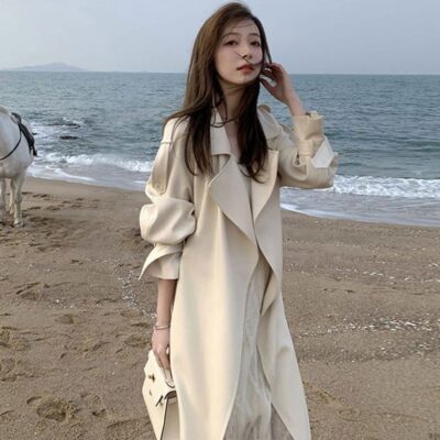 Khaki colored trench coat for petite women, 2025 Spring and Autumn new item, solid color, lapel, loose mid length trench coat, women's trendy jacket