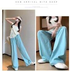 Ice silk wide leg pants for women in summer, thin, high waisted, hanging straight leg, pleated cotton and linen casual pants, cool and lazy Yamamoto pants - Image 3